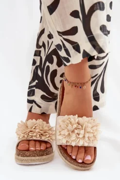 Boto Klapki Na Platformie|Klapki Damskie Klasyczne*Klapki Damskie Na Platformie Z Ozdobnymi Kwiatkami Beżowe Tessara Beżowy