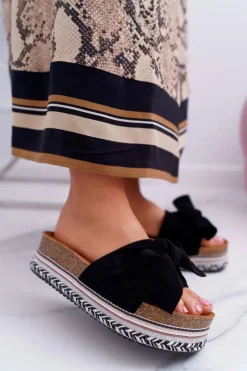 Damskie Boto Klapki Damskie Na Platformie Z Kokardą Czarne Chantal