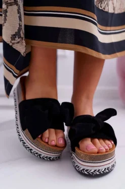 Damskie Boto Klapki Damskie Na Platformie Z Kokardą Czarne Chantal