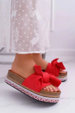 Damskie Boto Klapki Damskie Na Platformie Z Kokardą Czerwone Chantal