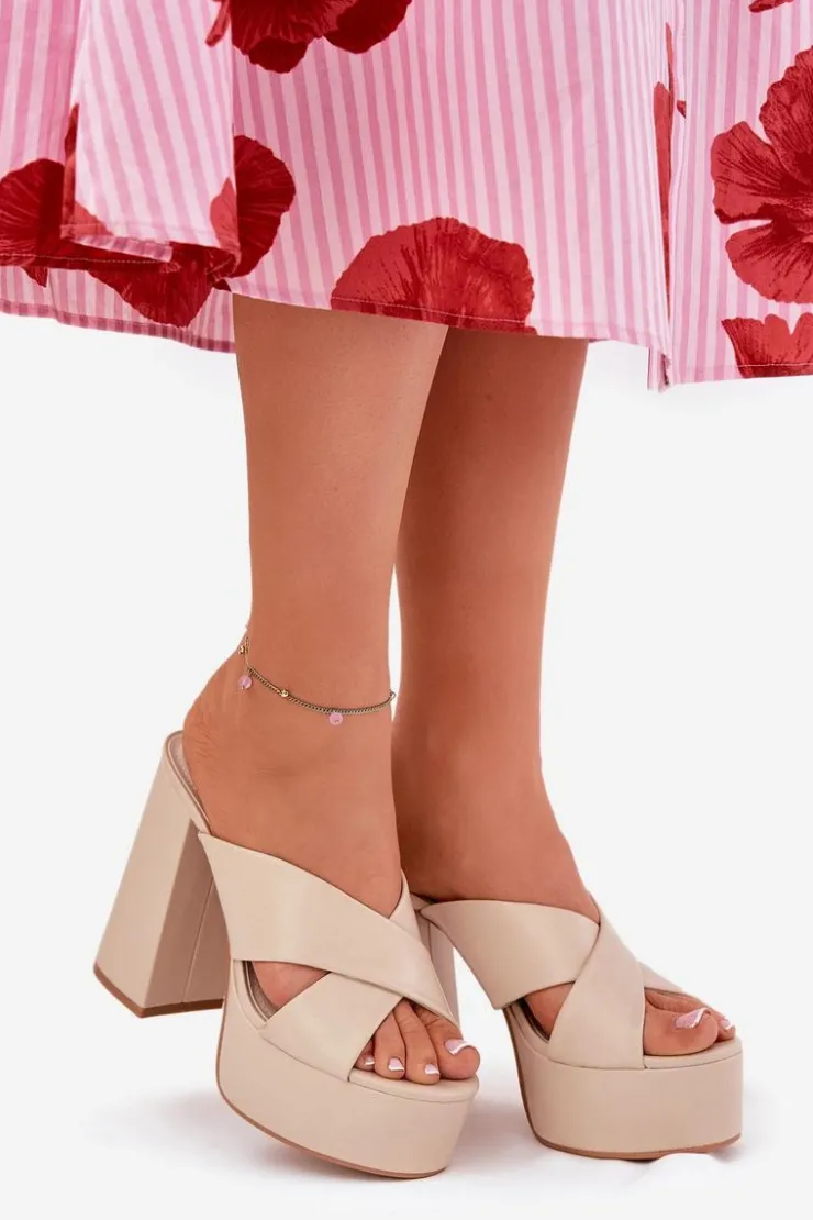 Outlet Boto Klapki Damskie Na Platformie I Słupku Beżowe Lenobos Beżowy