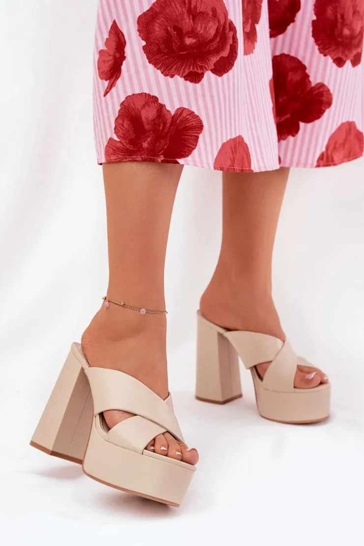 Outlet Boto Klapki Damskie Na Platformie I Słupku Beżowe Lenobos Beżowy