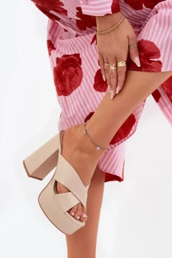 Outlet Boto Klapki Damskie Na Platformie I Słupku Beżowe Lenobos Beżowy