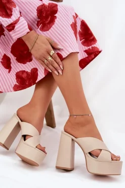 Outlet Boto Klapki Damskie Na Platformie I Słupku Beżowe Lenobos Beżowy