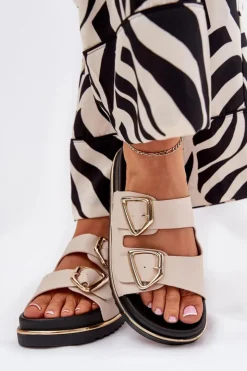 New Boto Klapki Damskie Na Platformie Ze Złotymi Klamrami Beżowe Tersele