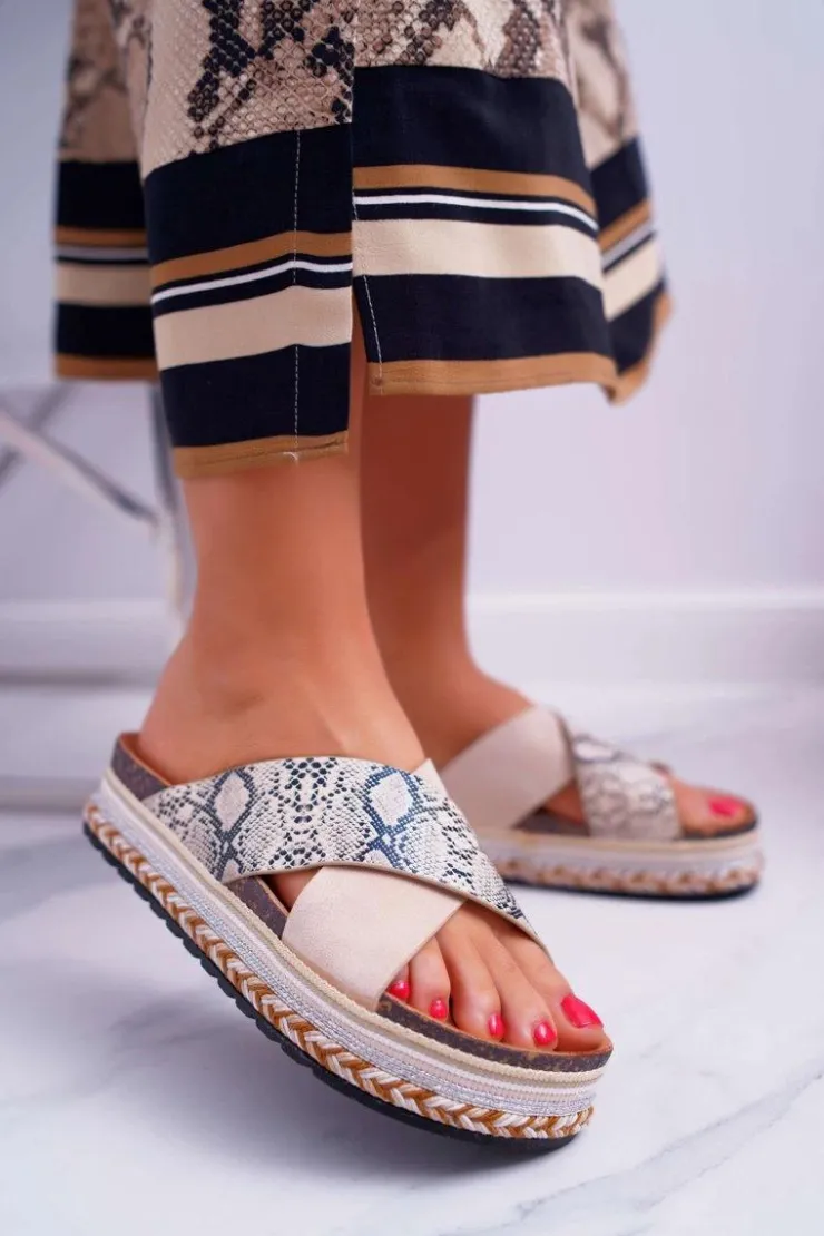 Sale Boto Klapki Damskie Na Platformie Beż Snake Greta