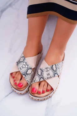 Sale Boto Klapki Damskie Na Platformie Beż Snake Greta