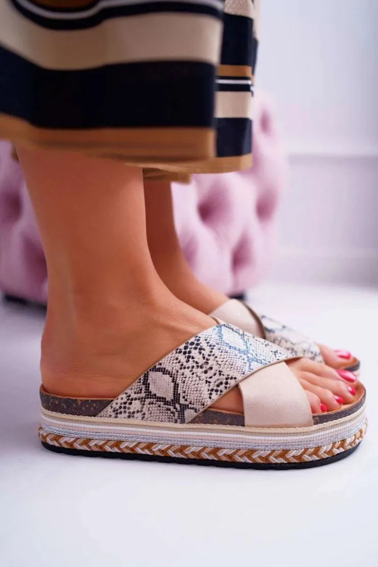 Sale Boto Klapki Damskie Na Platformie Beż Snake Greta