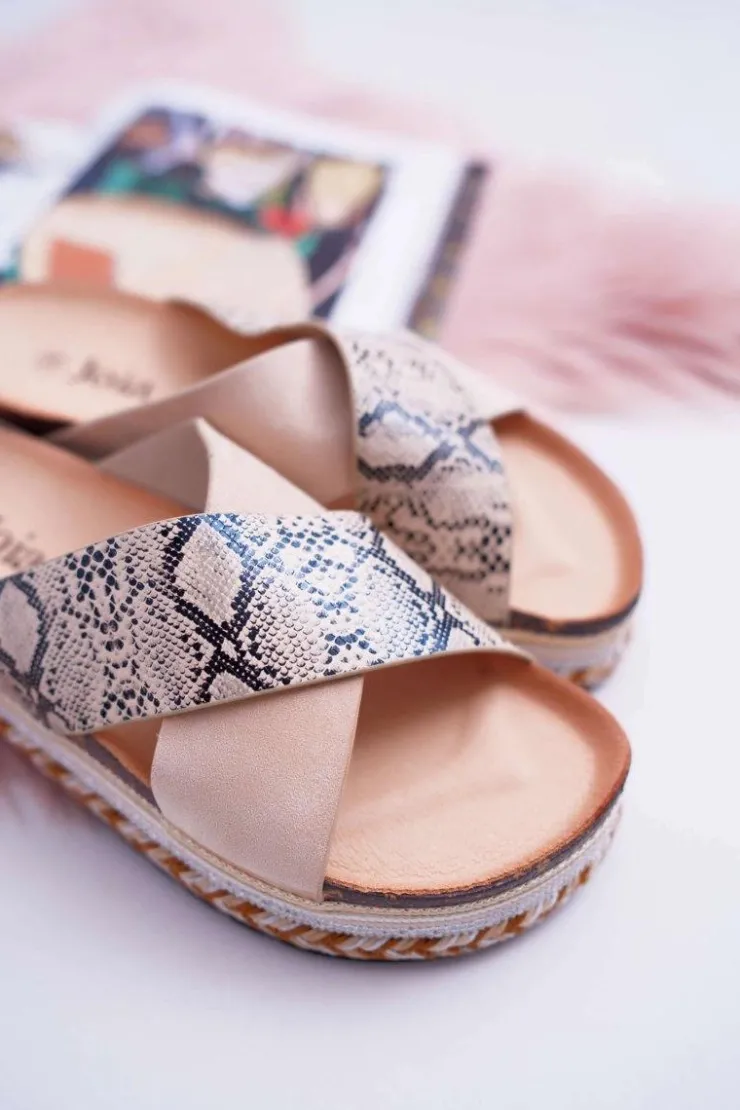 Sale Boto Klapki Damskie Na Platformie Beż Snake Greta