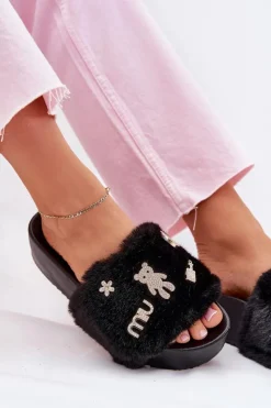 Damskie Boto Klapki Damskie Na Platformie Z Futerkiem I Złotymi Przypinkami Czarne Livira