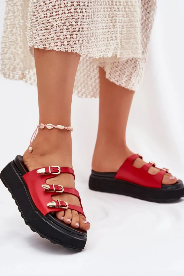 Hot Boto Klapki Damskie Na Platformie Z Paskami Czerwone Nimiotte Czerwony