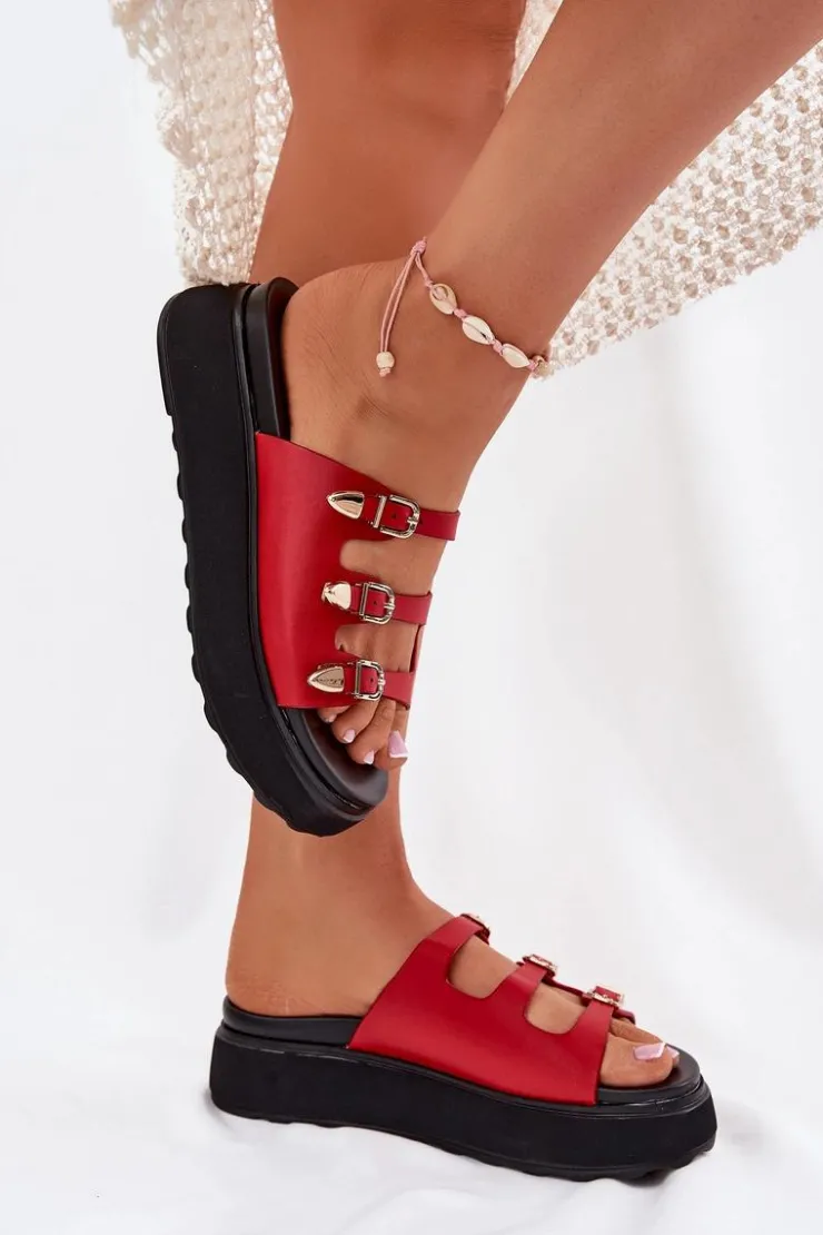 Hot Boto Klapki Damskie Na Platformie Z Paskami Czerwone Nimiotte Czerwony