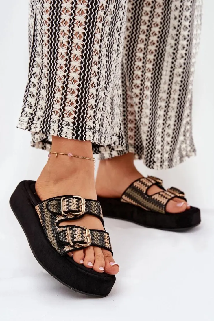 Outlet Boto Klapki Damskie Na Platformie Z Klamrami I Plecionką Czarne Limme