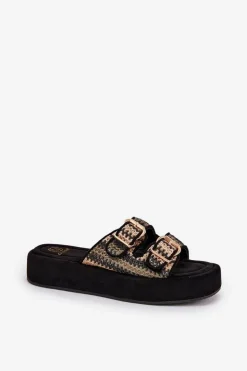 Outlet Boto Klapki Damskie Na Platformie Z Klamrami I Plecionką Czarne Limme