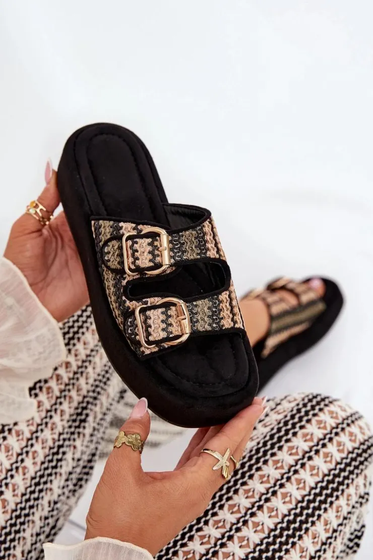 Outlet Boto Klapki Damskie Na Platformie Z Klamrami I Plecionką Czarne Limme