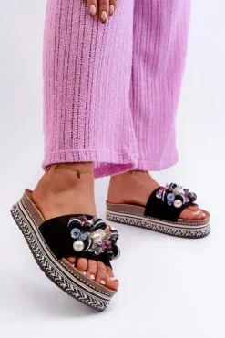 Damskie buty S.Barski Klapki Na Platformie|Klapki Damskie Klasyczne*Klapki Damskie Na Platformie Z Ozdobami S.Barski HY077 Czarne Czarny