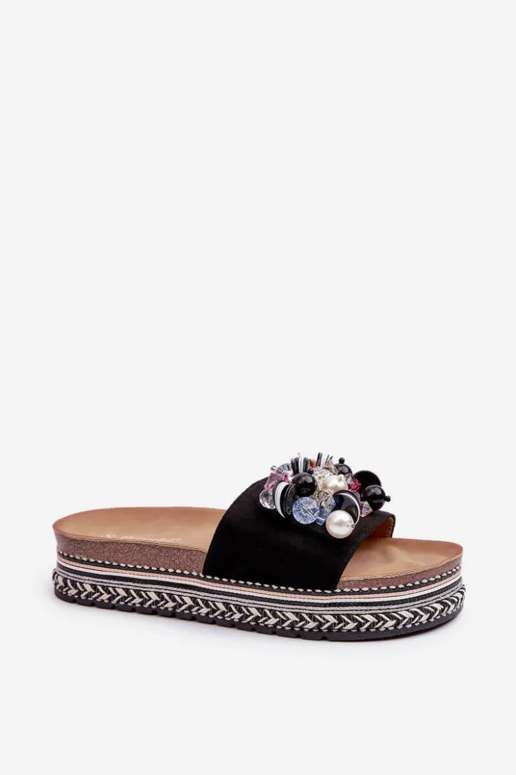 Damskie buty S.Barski Klapki Na Platformie|Klapki Damskie Klasyczne*Klapki Damskie Na Platformie Z Ozdobami S.Barski HY077 Czarne Czarny