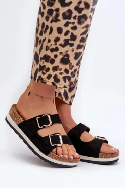 Damskie Evento Klapki Damskie Na Platformie Z Klamrami Eko Zamszowe Czarne Ursila