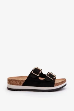 Damskie Evento Klapki Damskie Na Platformie Z Klamrami Eko Zamszowe Czarne Ursila