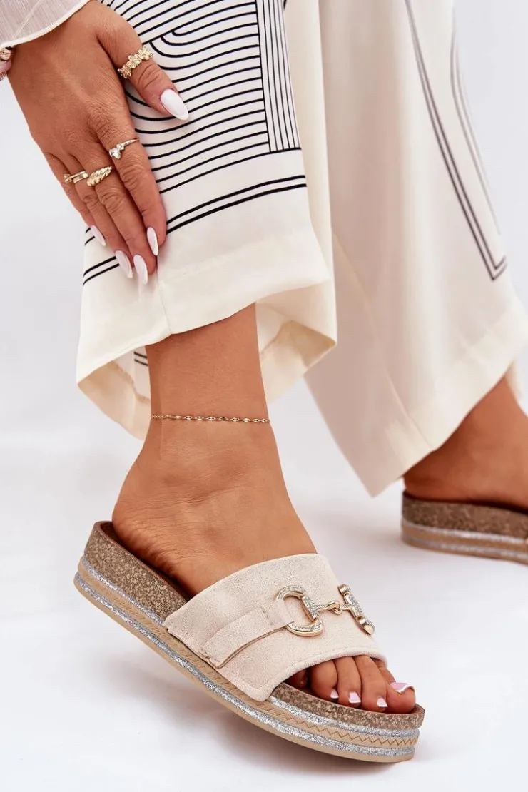 Damskie Boto Klapki Damskie Na Platformie Ze Złotą Ozdobą I Brokatem Beżowe Morisela