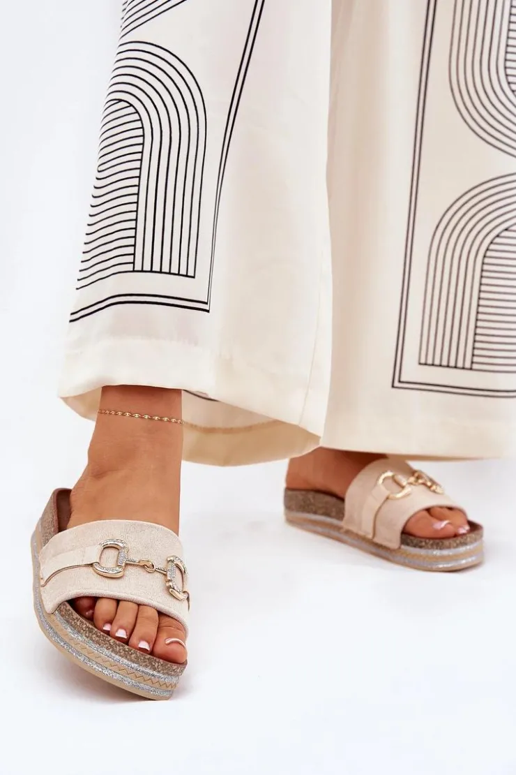 Damskie Boto Klapki Damskie Na Platformie Ze Złotą Ozdobą I Brokatem Beżowe Morisela