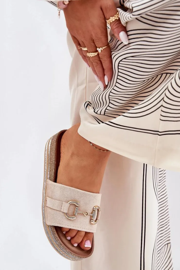 Damskie Boto Klapki Damskie Na Platformie Ze Złotą Ozdobą I Brokatem Beżowe Morisela