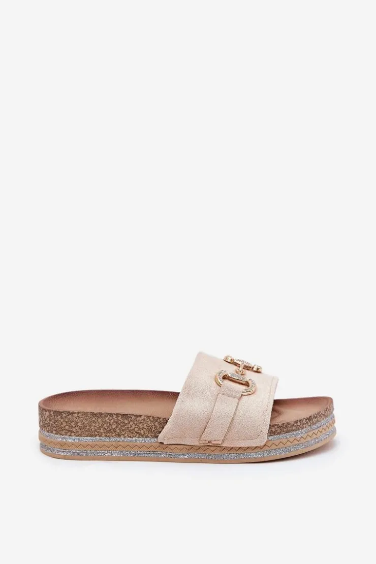 Damskie Boto Klapki Damskie Na Platformie Ze Złotą Ozdobą I Brokatem Beżowe Morisela