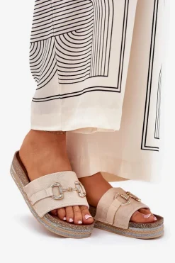 Damskie Boto Klapki Damskie Na Platformie Ze Złotą Ozdobą I Brokatem Beżowe Morisela