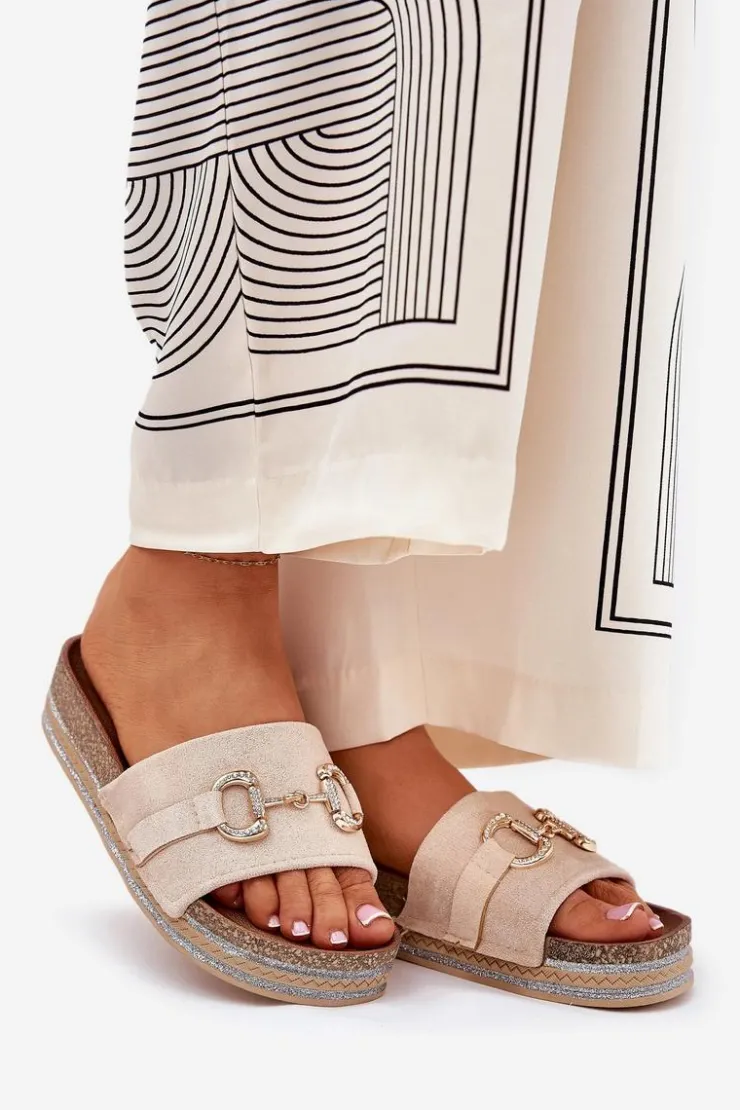 Damskie Boto Klapki Damskie Na Platformie Ze Złotą Ozdobą I Brokatem Beżowe Morisela