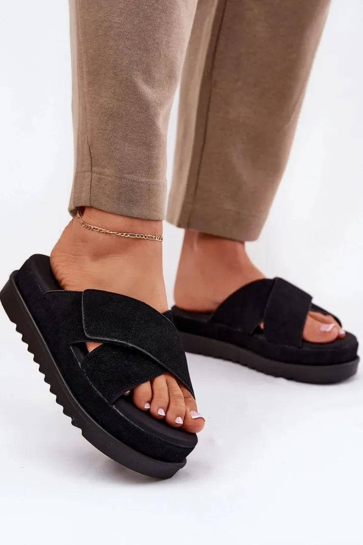 Online Boto Klapki Damskie Na Platformie Z Przeplatającymi Się Paskami Czarne Rinasara Czarny