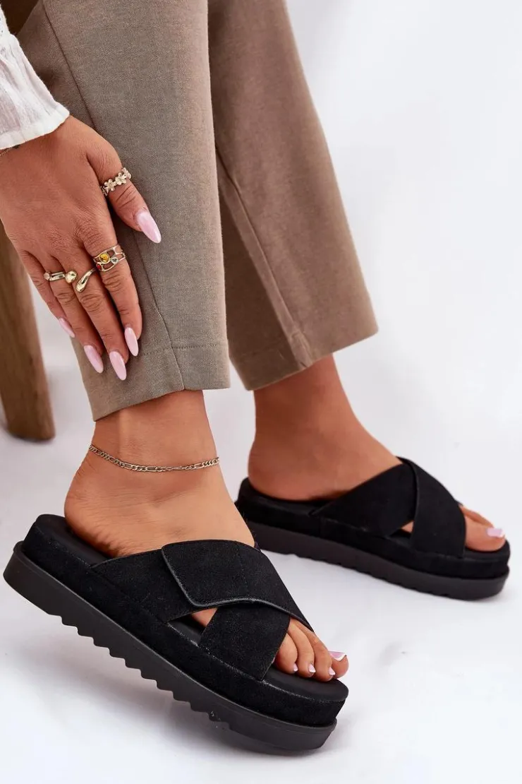 Online Boto Klapki Damskie Na Platformie Z Przeplatającymi Się Paskami Czarne Rinasara Czarny