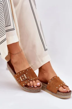 Hot Boto Klapki Damskie Na Platformie Z Klamrą I Ćwiekami Camel Nusithia Brązowy