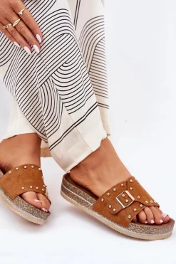 Hot Boto Klapki Damskie Na Platformie Z Klamrą I Ćwiekami Camel Nusithia Brązowy