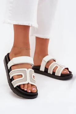 Damskie Boto Klapki Damskie Na Platformie Z Rzepem Białe Kovira