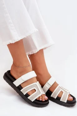 Damskie Boto Klapki Damskie Na Platformie Z Rzepem Białe Kovira