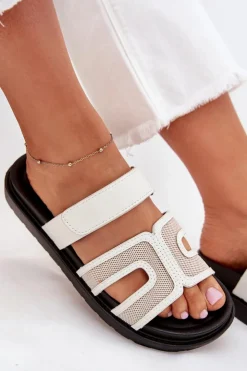 Damskie Boto Klapki Damskie Na Platformie Z Rzepem Białe Kovira