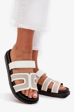 Damskie Boto Klapki Damskie Na Platformie Z Rzepem Białe Kovira