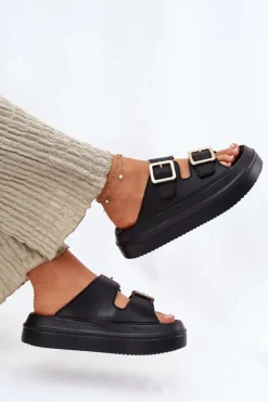 Damskie Boto Klapki Damskie Na Platformie Ze Złotymi Klamrami Czarne Zorila