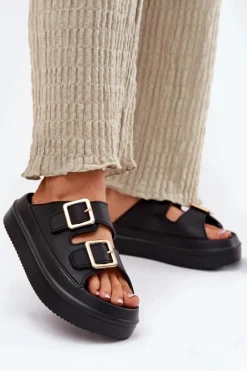 Damskie Boto Klapki Damskie Na Platformie Ze Złotymi Klamrami Czarne Zorila