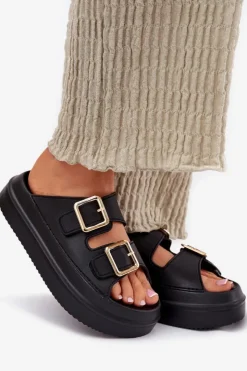 Damskie Boto Klapki Damskie Na Platformie Ze Złotymi Klamrami Czarne Zorila