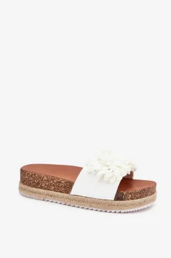 Damskie Boto Klapki Damskie Na Platformie Z Ozdobnymi Kwiatkami Białe Tessara