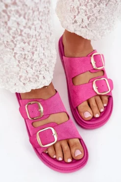 Outlet Boto Klapki Damskie Na Platformie Ze Złotymi Klamrami Fuksja Verena