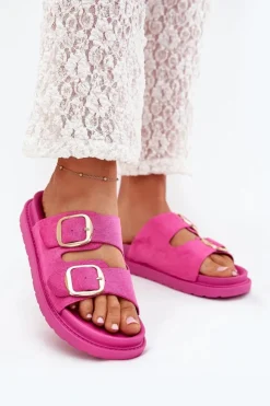 Outlet Boto Klapki Damskie Na Platformie Ze Złotymi Klamrami Fuksja Verena