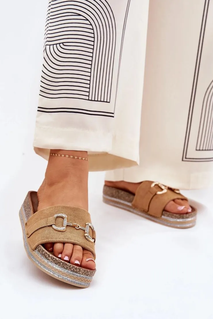 Boto Klapki Korkowe|Klapki Na Platformie*Klapki Damskie Na Platformie Ze Złotą Ozdobą I Brokatem Camel Morisela Brązowy