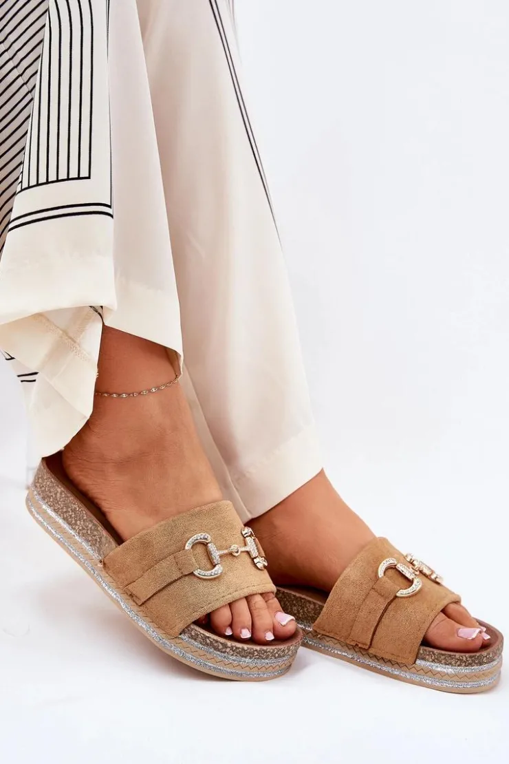 Boto Klapki Korkowe|Klapki Na Platformie*Klapki Damskie Na Platformie Ze Złotą Ozdobą I Brokatem Camel Morisela Brązowy