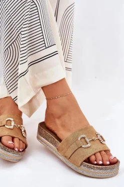 Boto Klapki Korkowe|Klapki Na Platformie*Klapki Damskie Na Platformie Ze Złotą Ozdobą I Brokatem Camel Morisela Brązowy