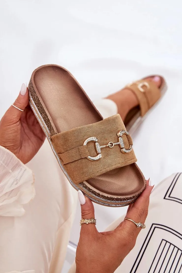 Boto Klapki Korkowe|Klapki Na Platformie*Klapki Damskie Na Platformie Ze Złotą Ozdobą I Brokatem Camel Morisela Brązowy