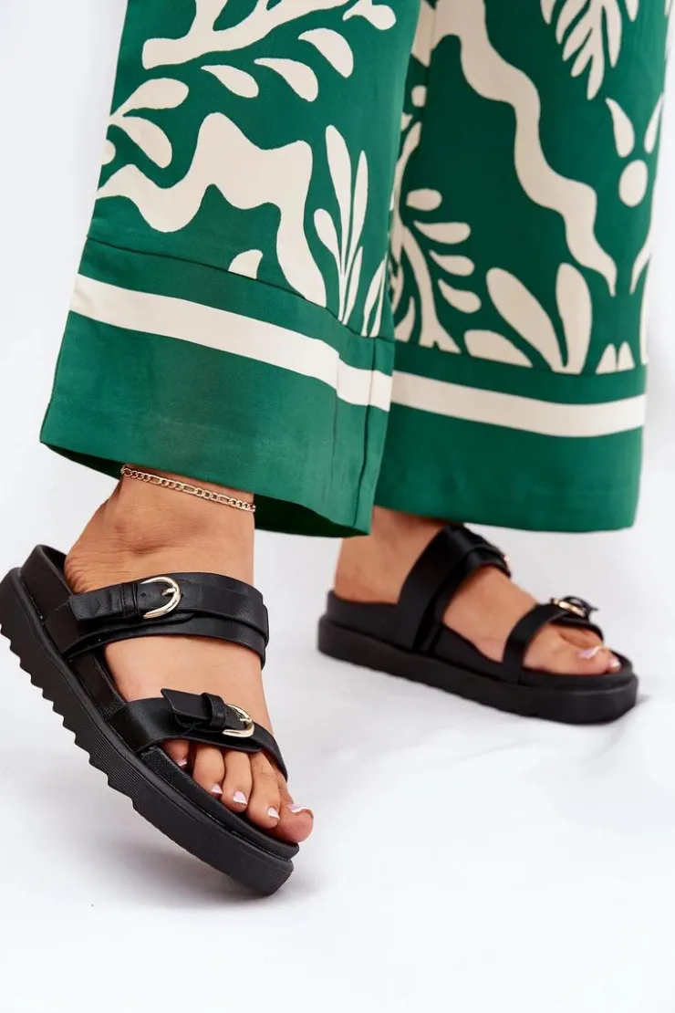 Damskie Boto Klapki Damskie Na Platformie Ze Złotymi Klamrami Czarne Wernone