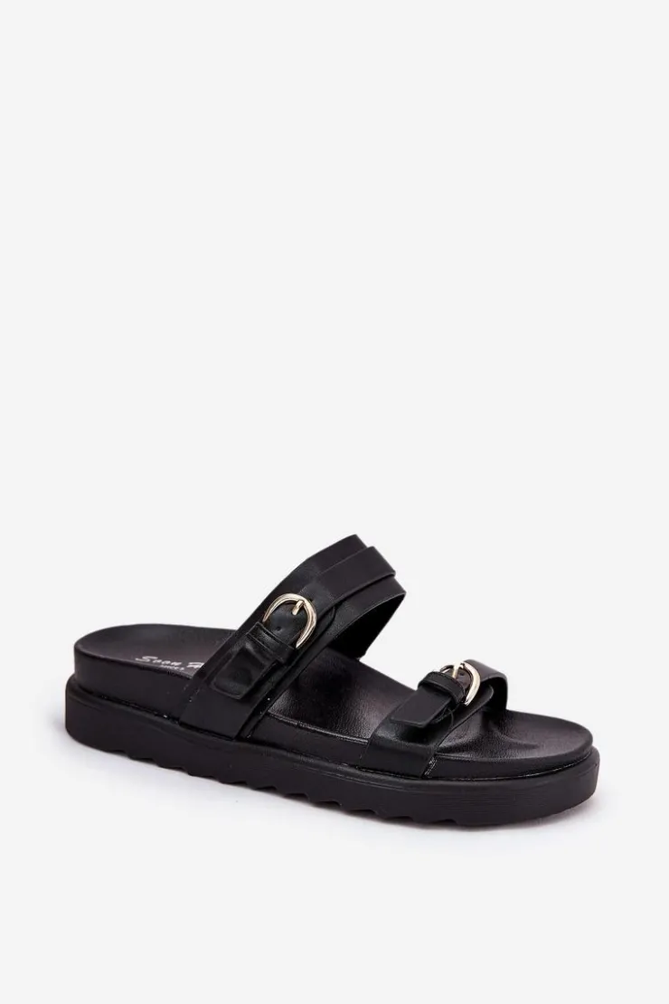 Damskie Boto Klapki Damskie Na Platformie Ze Złotymi Klamrami Czarne Wernone