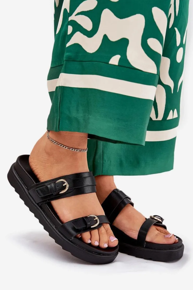 Damskie Boto Klapki Damskie Na Platformie Ze Złotymi Klamrami Czarne Wernone